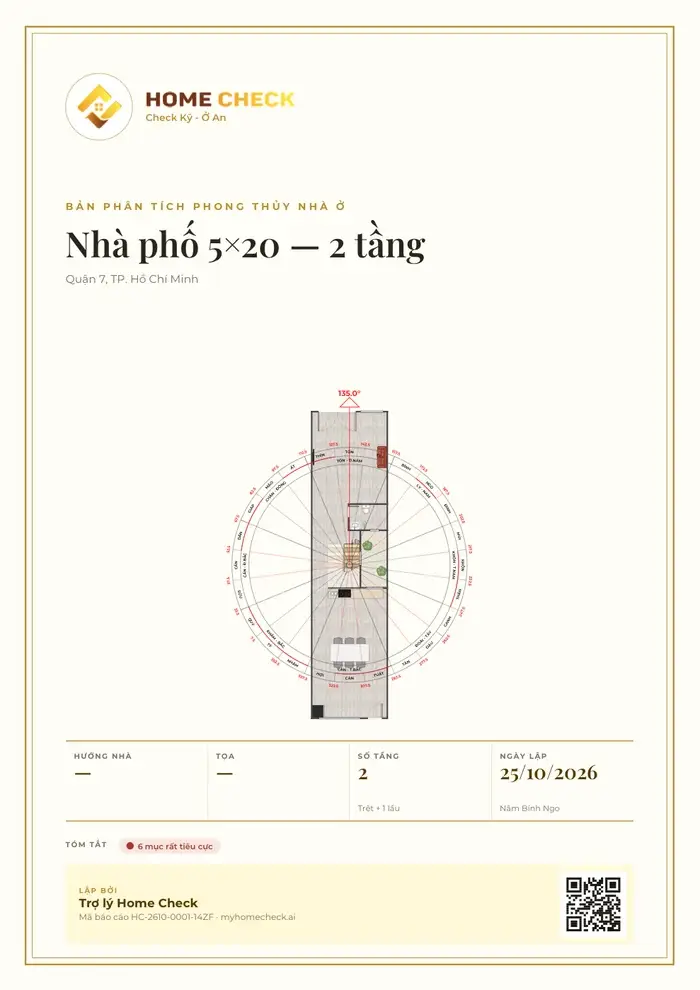 Cover of the feng shui analysis PDF: Home Check logo, 5×20 townhouse — 2 floors, plan with the compass, date and QR code.