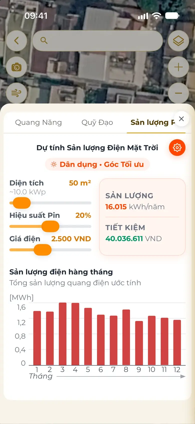 Real Solar output screen: drag the panel area, yearly output, bill savings and a monthly chart.