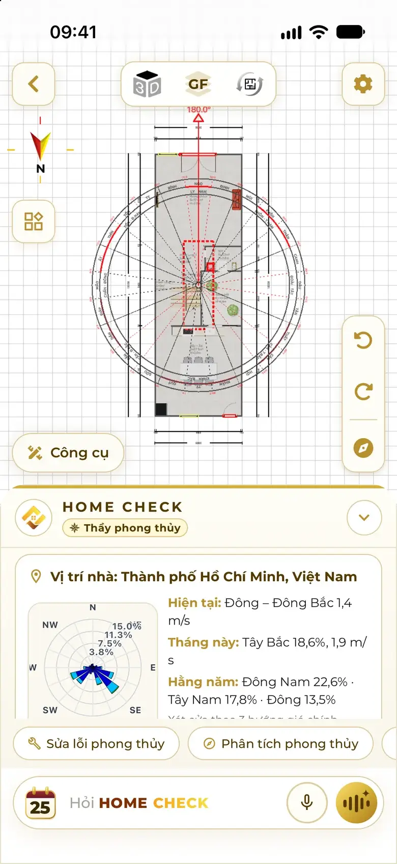 The assistant in the plan reads wind at the house location: now, this month and yearly, with a wind rose.