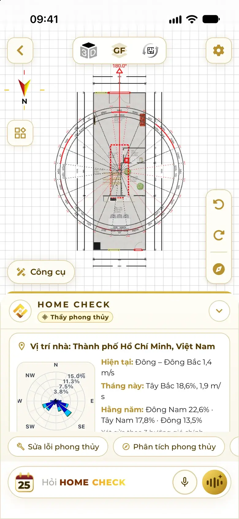 Wind card at the home's location in the assistant: Ho Chi Minh City, current, monthly and yearly wind direction, a wind rose; buttons Fix feng shui, Feng shui analysis
