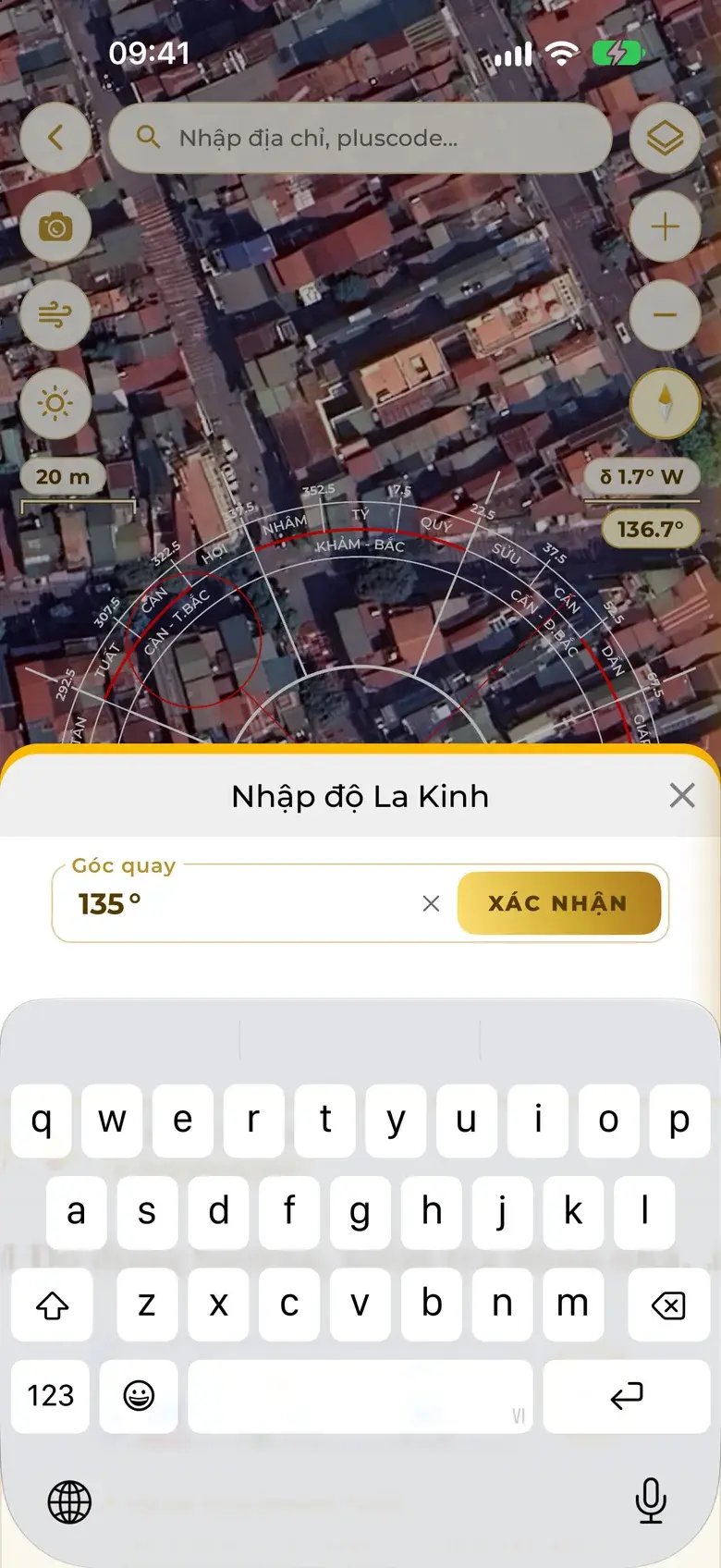 Real Measure screen: the Enter compass degree box, typing exactly 135° and tapping Confirm.