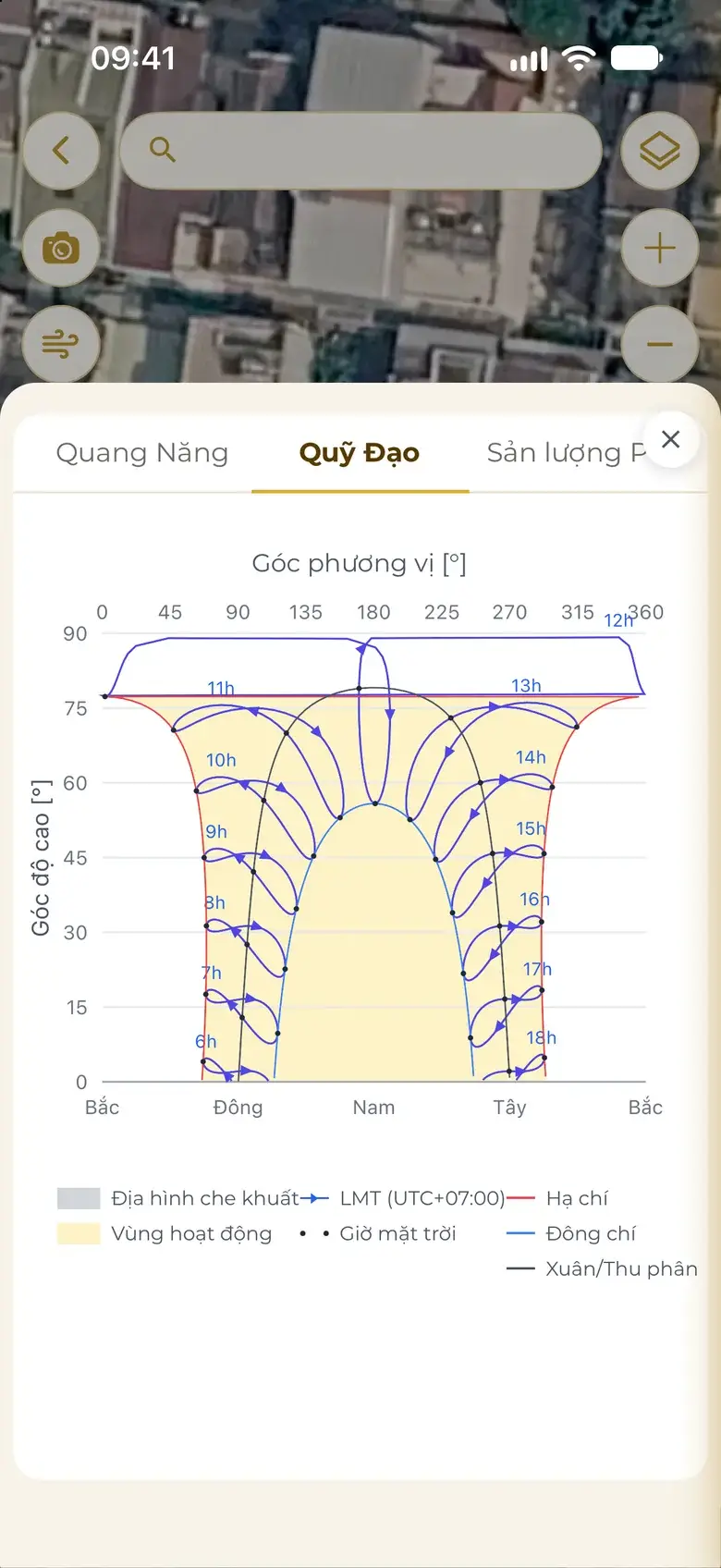 Real Sun path screen: hourly sun positions through the year, summer and winter solstices, equinox.