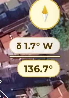 Corner of the real Measure screen in Hanoi: the declination chip δ 1.7° W and the small 136.7° under the bar — facing 135° from true north, read from magnetic north.