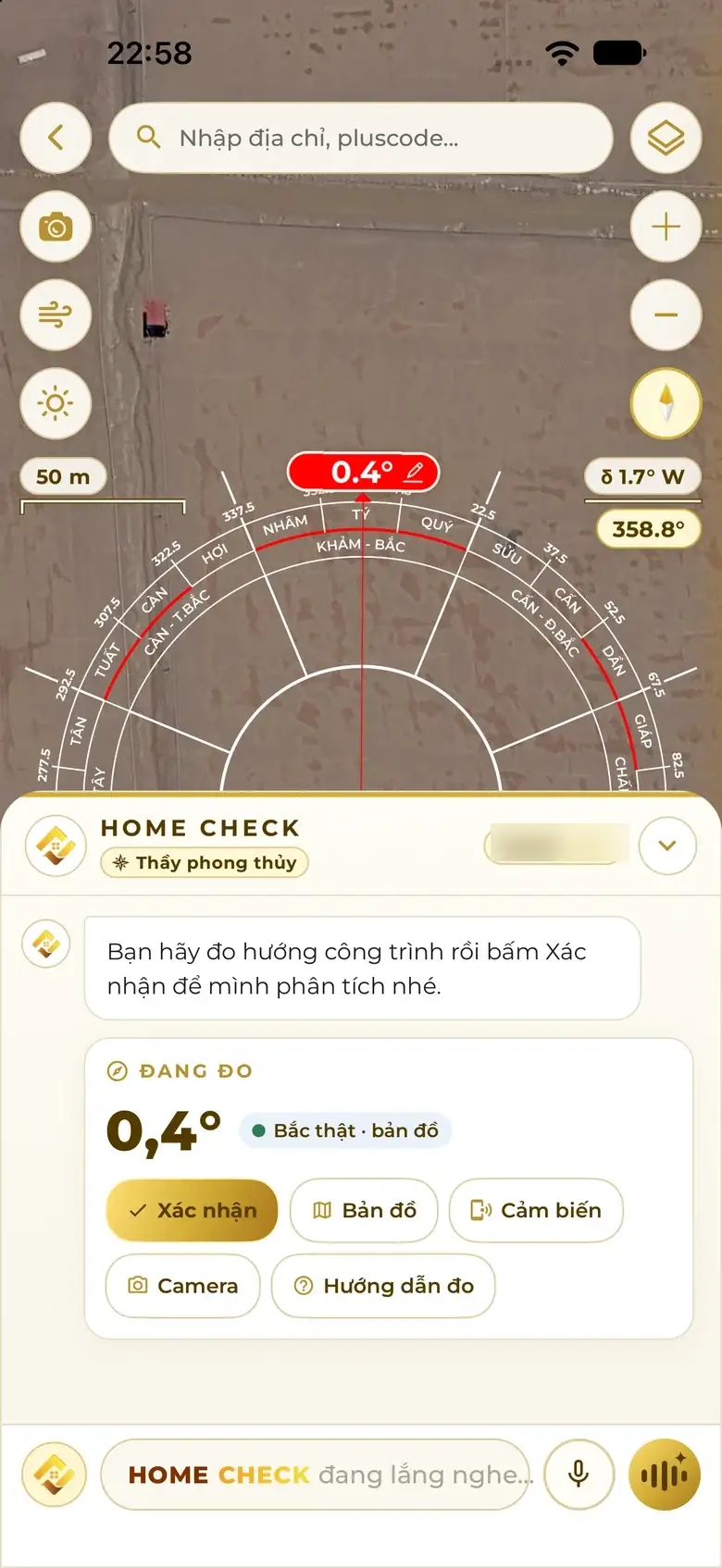 Measure screen: the 24-mountain compass on satellite imagery, the facing degree shown on the red line, the assistant asking you to confirm.