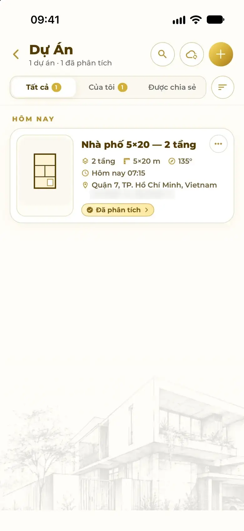 A project card with floor plan, number of floors, dimensions, orientation, address and the Analyzed label.