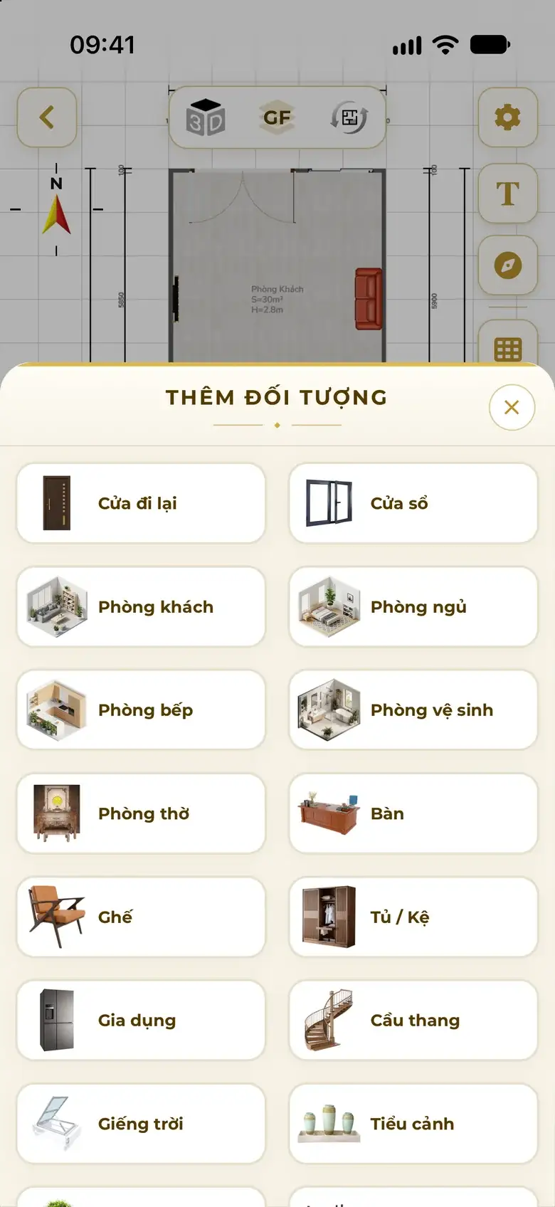 Object library: doors, rooms, tables and chairs, cabinets and stairs to place on the plan.