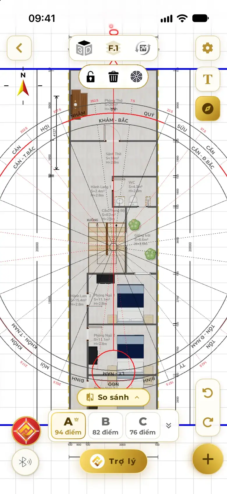 The 24-mountain compass overlaid on a floor plan, with 8 sectors and degree markings.
