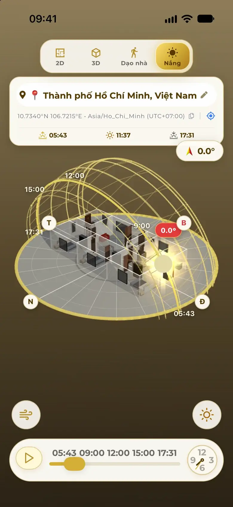 Sun-path dome around the 3D house, with sunrise, solar noon and sunset at the project location.