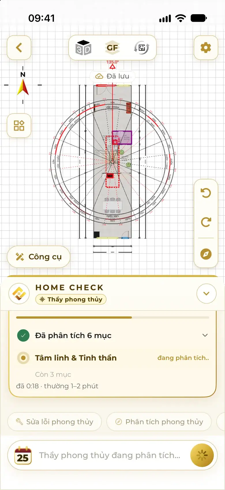 The assistant analysing feng shui right under the plan: 6 sections done, Spiritual & Mental Wellbeing in progress, usually 1–2 minutes.