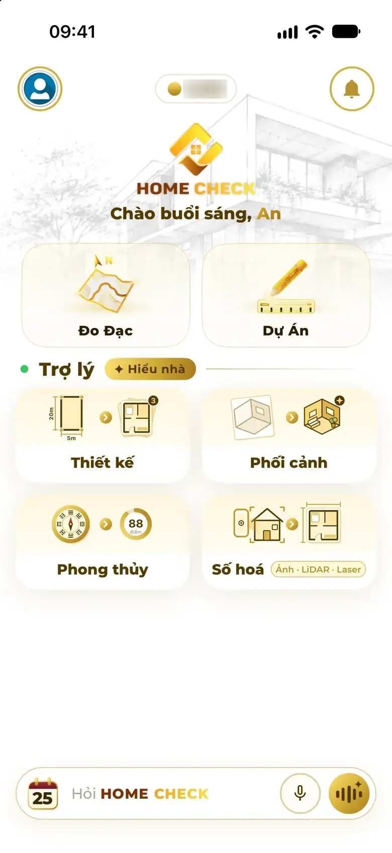 Design screen: a user types one sentence describing the house to Home Check Assistant.