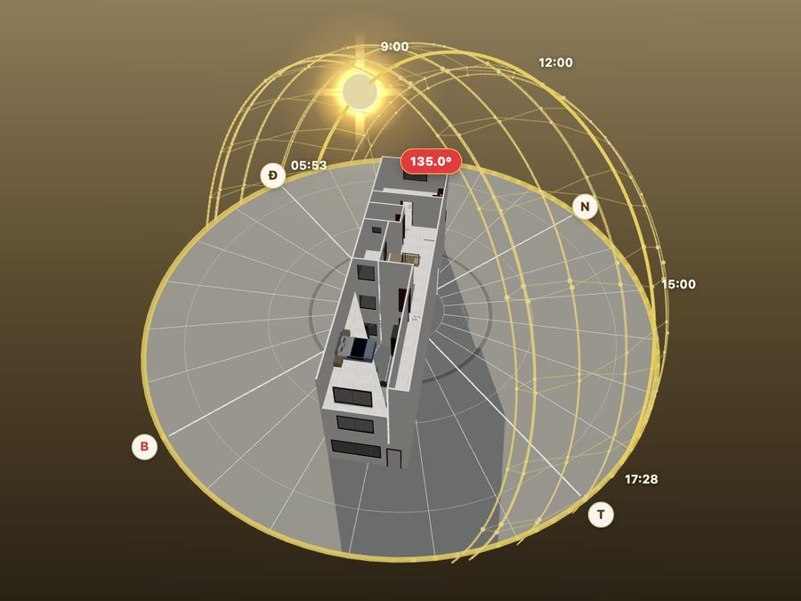 The 3D viewer at 8 a.m.: the sun's path drawn as an arc around the sample house, with sunrise and sunset times and a 135° front door; the house casts a shadow away from the sun.