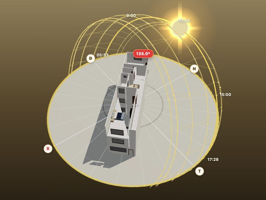 The 3D viewer at noon: the sun is high on its path and the shadow is short.