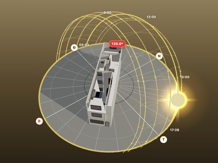 The 3D viewer at 4 p.m.: the sun is low in the west and the shadow stretches the other way.
