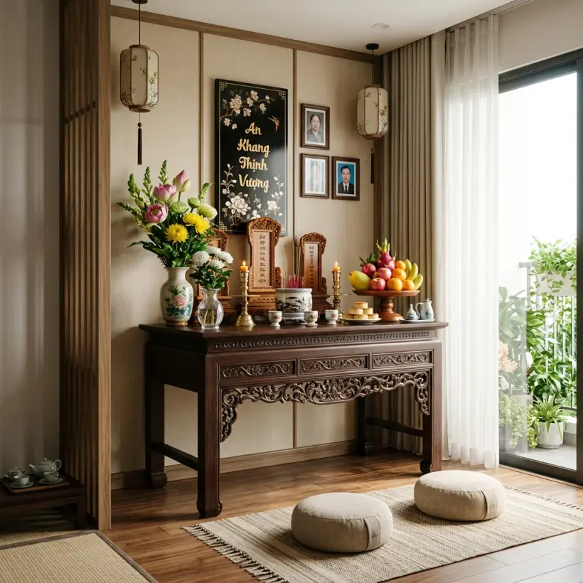 Render of the same ancestor altar: a clean carved altar table, flowers, a fruit tray, bright walls and a calligraphy panel.