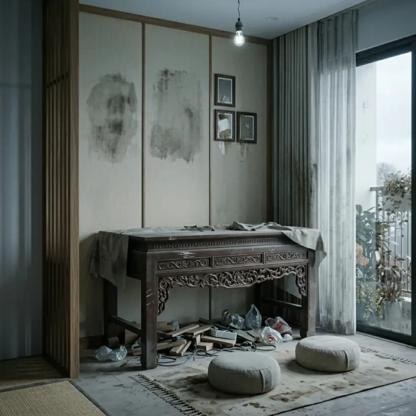 Photo of an altar corner as it is: a carved wooden table under a cloth, stained walls, items piled under the table.