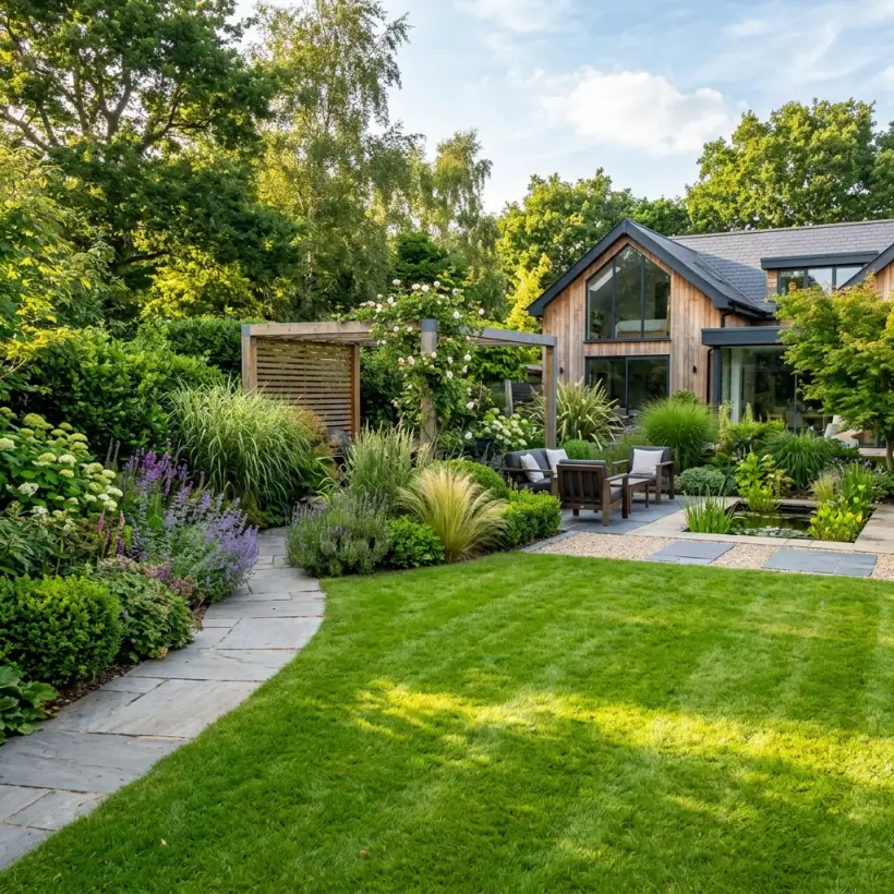 Render of the same garden: a neatly trimmed lawn, a curving stone path and flower beds on both sides.