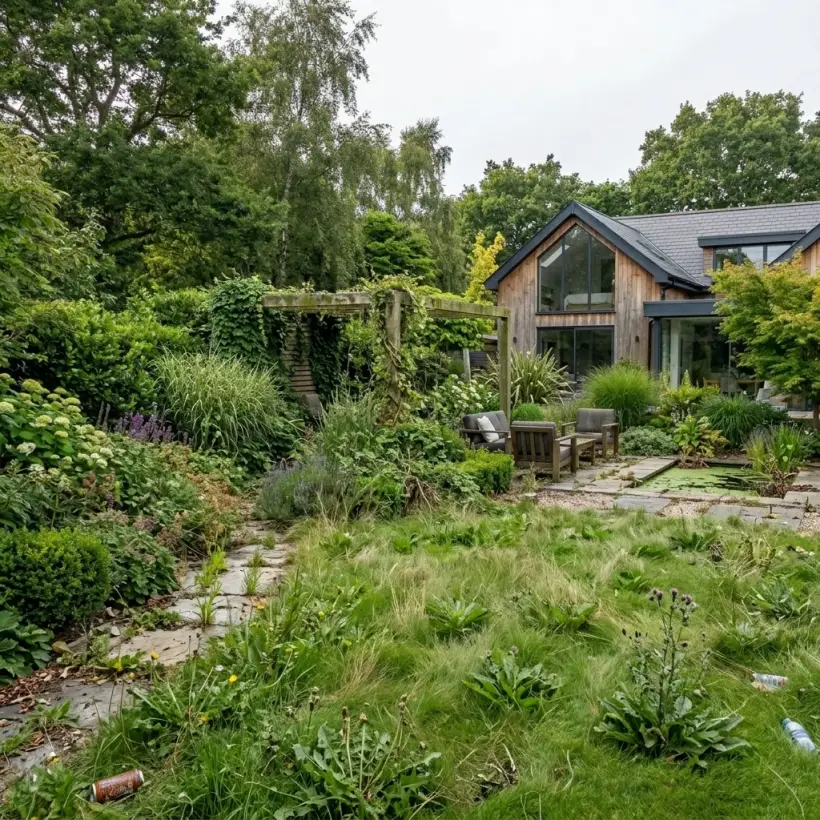 Photo of a garden as it is: long grass and a leaf-covered path in front of a timber house.
