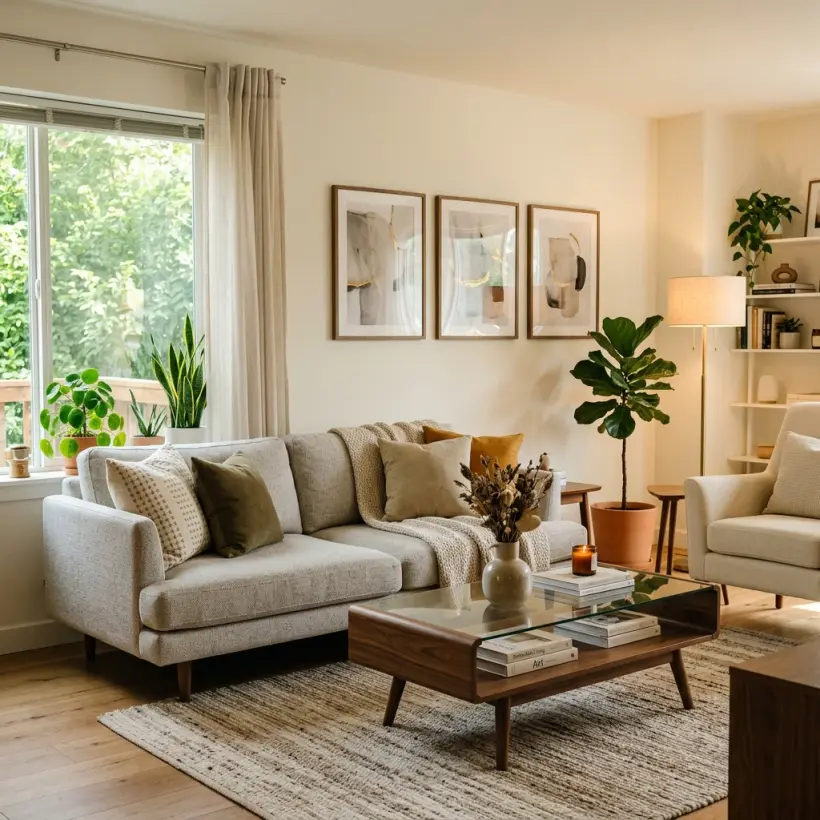 Render of the same living room: a light sofa with cushions, framed art, plants and a wooden coffee table.