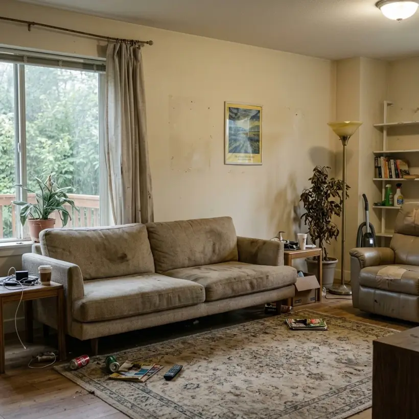 Photo of a living room as it is: an old sofa and clutter on the rug.
