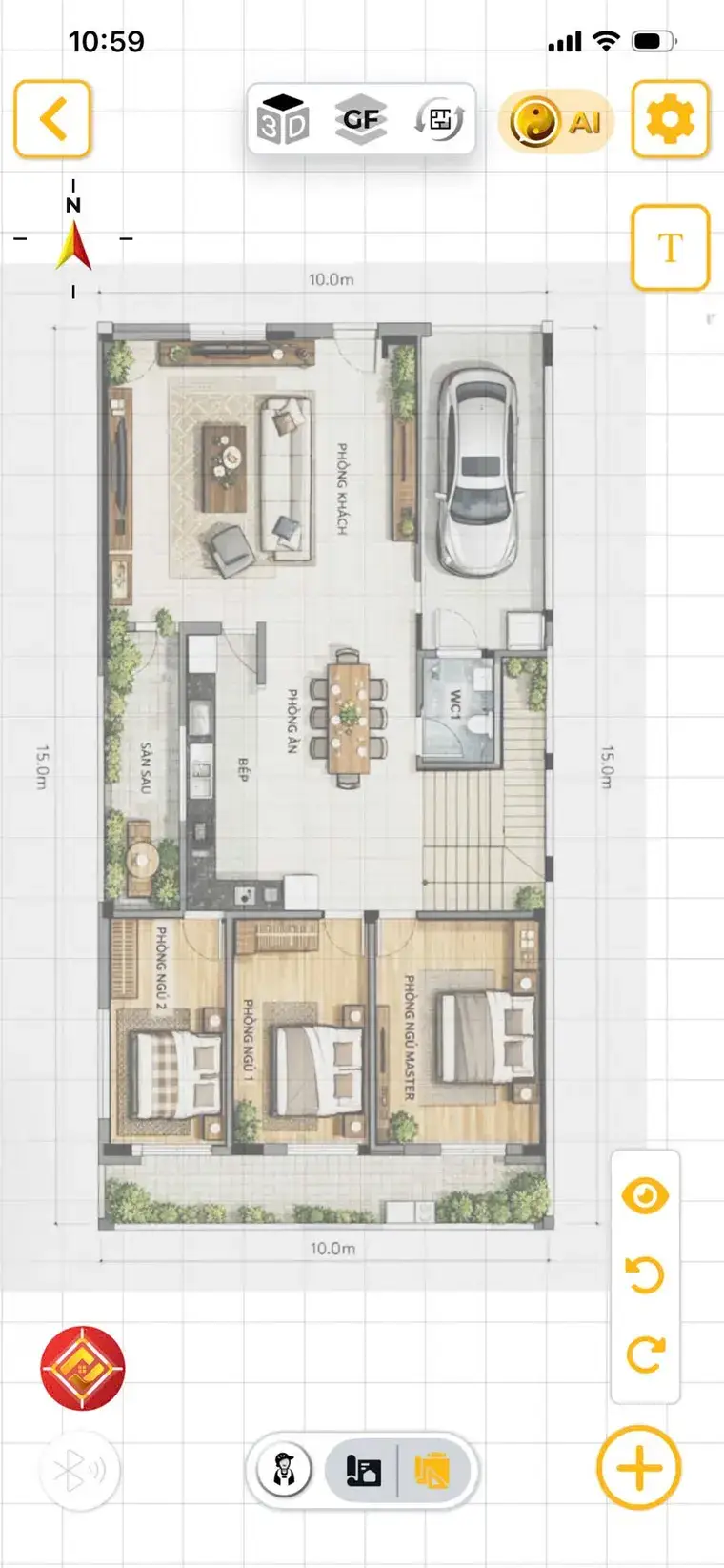 The app's editor rebuilding a floor plan from a photo of a paper drawing: walls, rooms and furniture appearing on the grid.