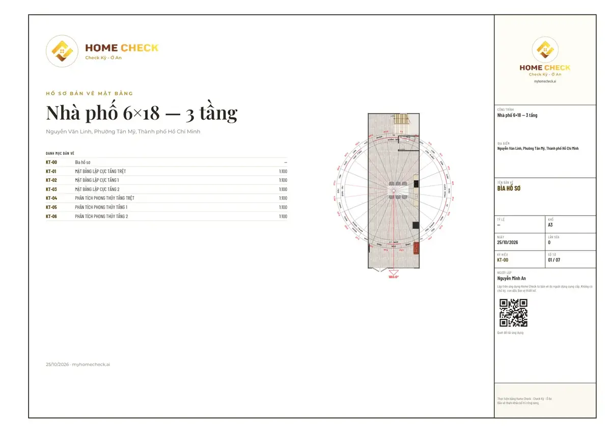 A3 drawing page in the PDF: floor plans of a 6×18 m townhouse with compass and dimensions.