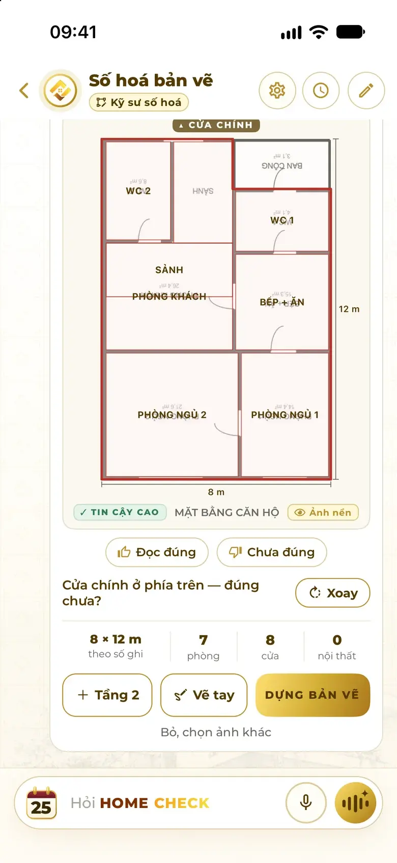 Real app screen: the Assistant as Digitization Engineer has read a floor-plan photo — 8 × 12 m shell from the written dimensions, 7 rooms, 8 doors, High confidence label, asking to confirm the main door.