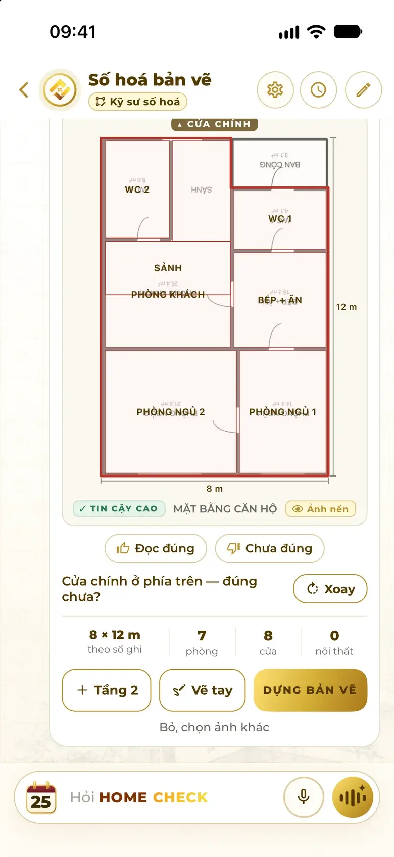 The assistant has read the floor-plan photo: red outline of the 8 × 12 m footprint from the written dimensions, 7 rooms, 8 doors, a High confidence tag, a question about the main door and a Build plan button
