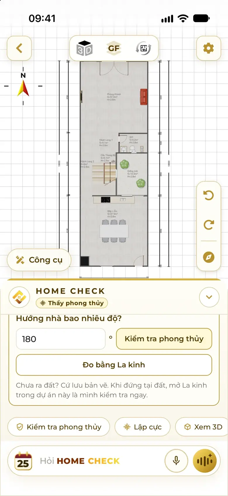 The assistant asks for the facing in degrees: 180 entered, with Check feng shui and Measure with Compass buttons.