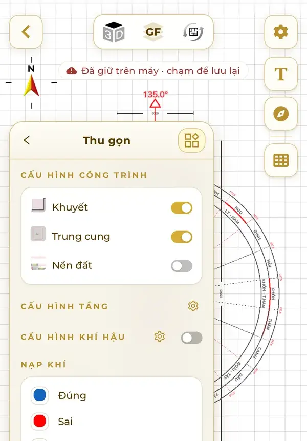 Feng shui settings on an oriented plan: Missing corners, Centre palace and Ground level toggles, with a Correct / Wrong legend for each sector.