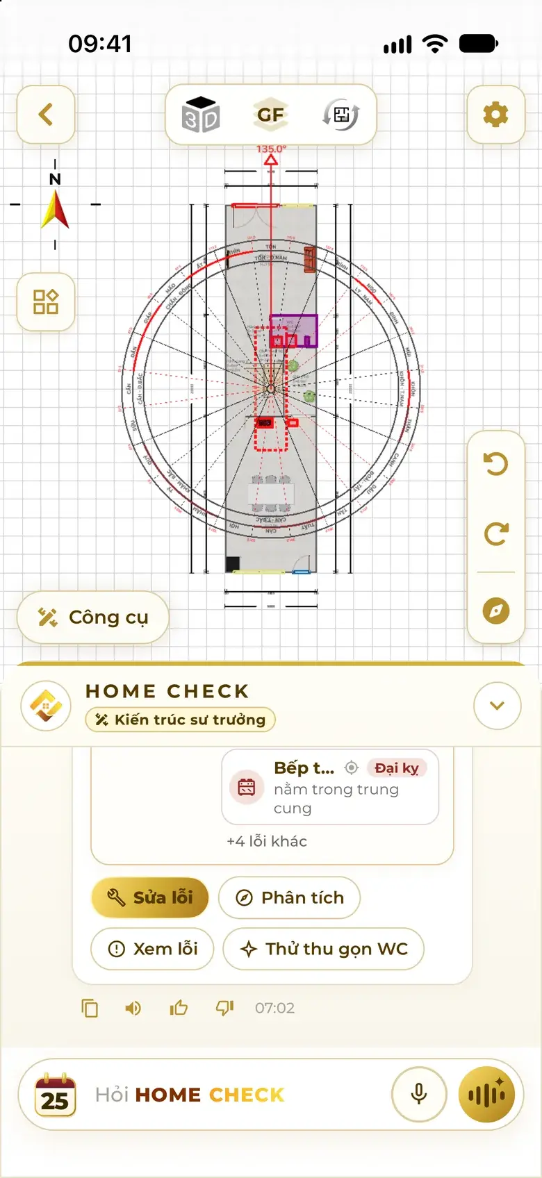 Under the feng shui fault card: Fix, Analyse, View faults and Try a compact WC buttons.