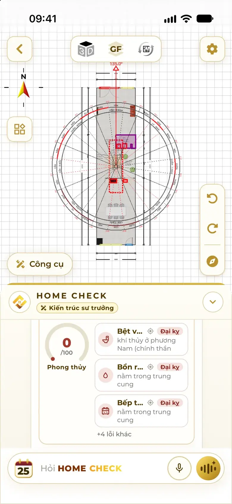 Real app screen: the floor's feng shui card — a score out of 100 and severe issues such as the WC toilet in the South sector, sink and stove in the center palace; tap the locate icon to see each issue on the plan.