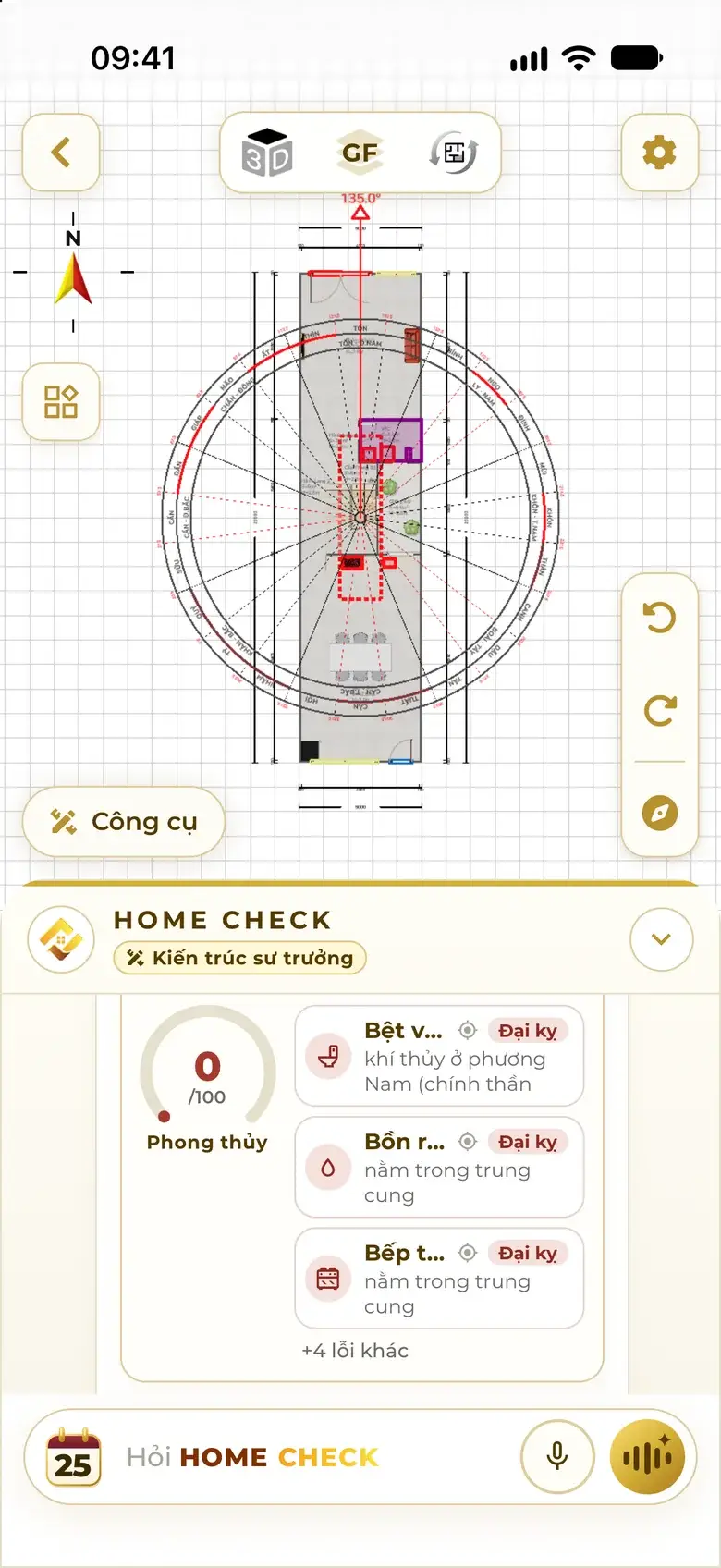 Floor feng shui card: a 0/100 score and Major taboo faults such as a WC toilet in the South and a basin and stove in the centre palace.