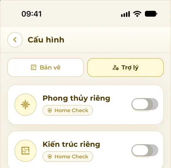 Assistant settings in the app: Custom feng shui and Custom architecture switches, with the line All projects · Building safety standards always kept.