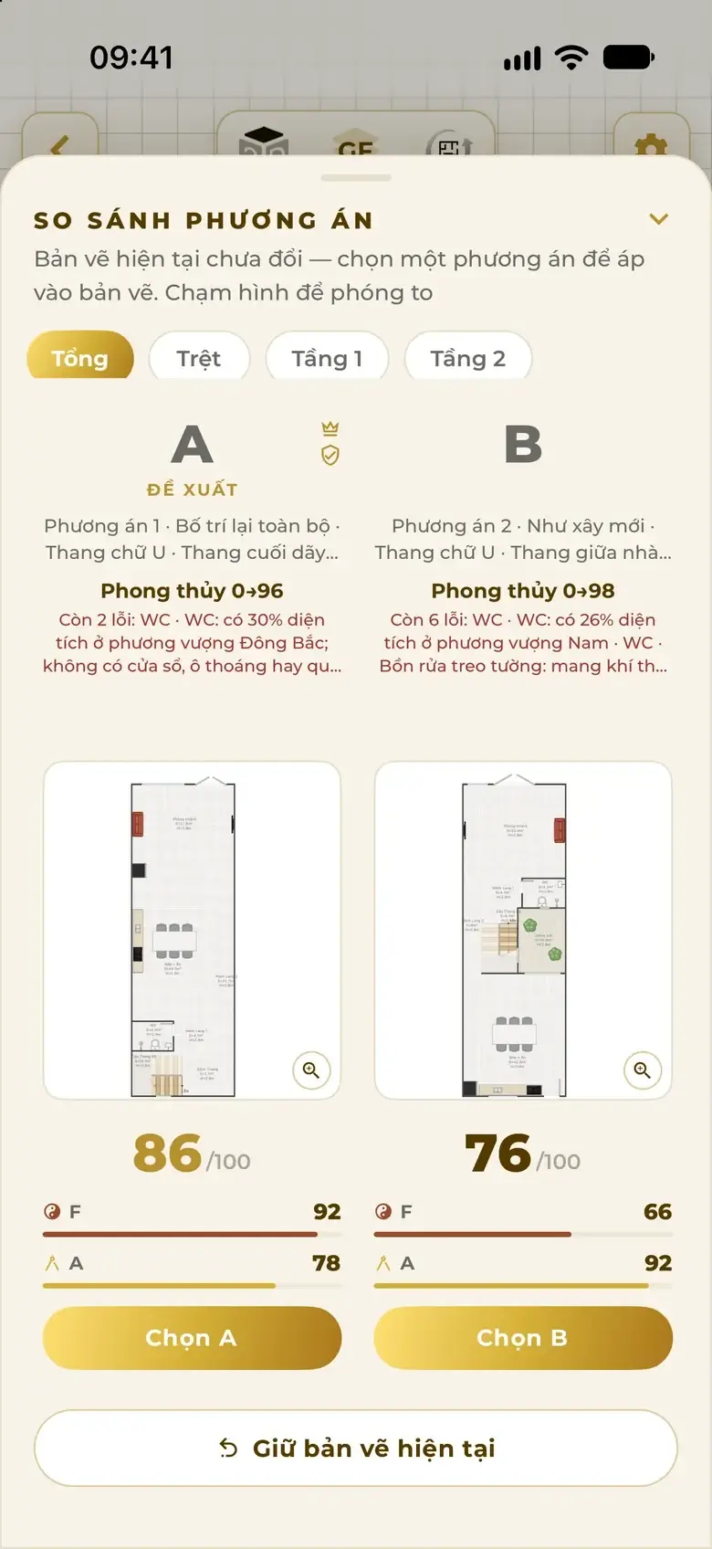 Thorough fix options: A Recommended 86/100 feng shui 0→96, B 76/100 feng shui 0→98, buttons Choose A, Choose B.