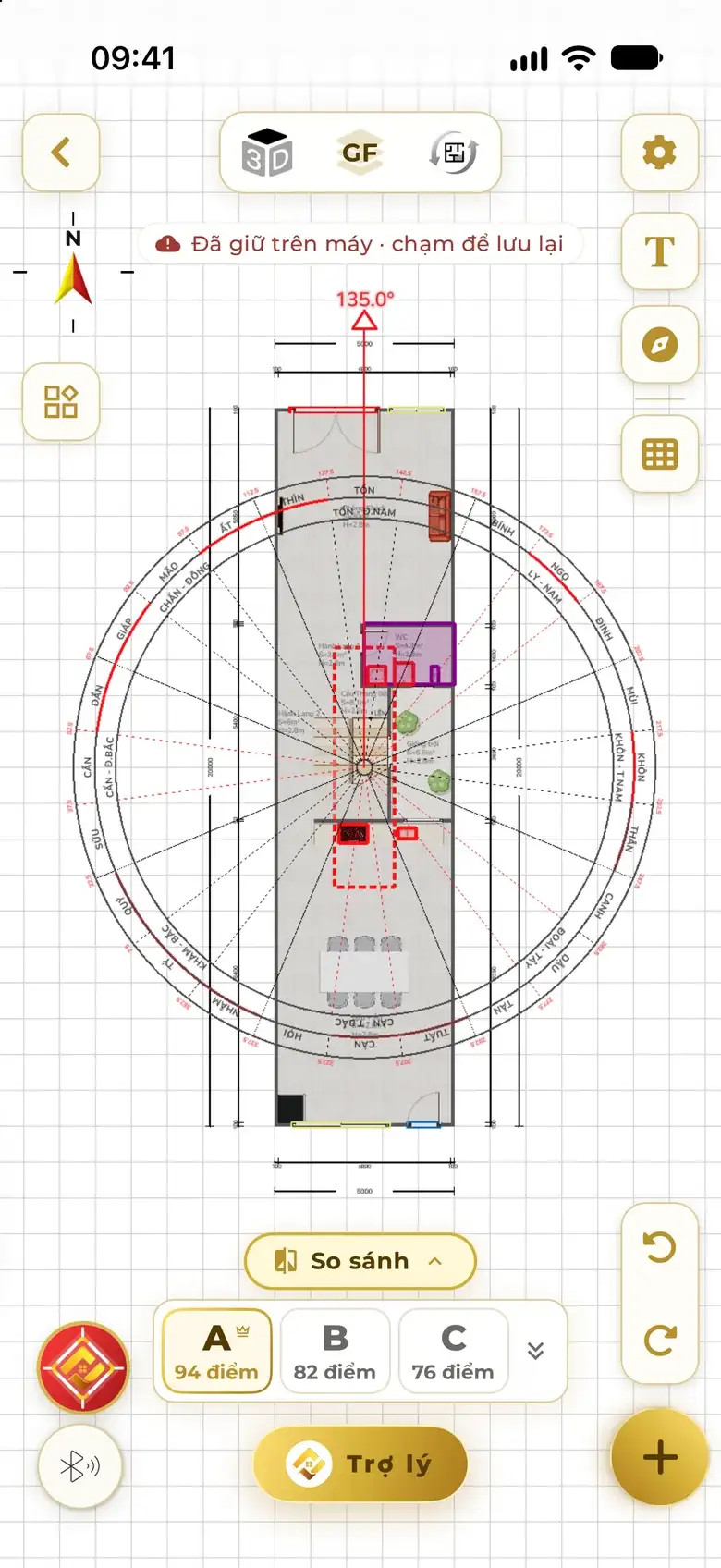 Plan with polarity set at 135°: dashed red frames mark faulty zones, the purple frame marks a room with a serious fault.