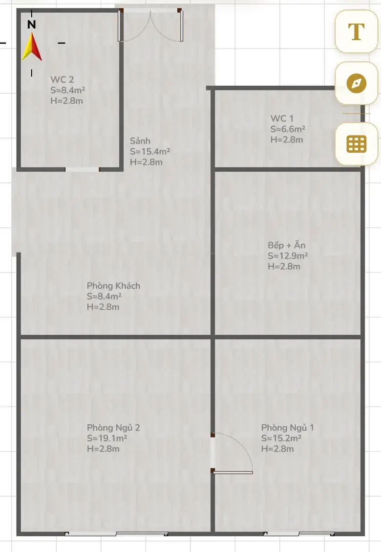 A digital floor plan in the Home Check editor: hall, living room, kitchen and dining, two bathrooms, two bedrooms; each room shows its area and a 2.8 m height