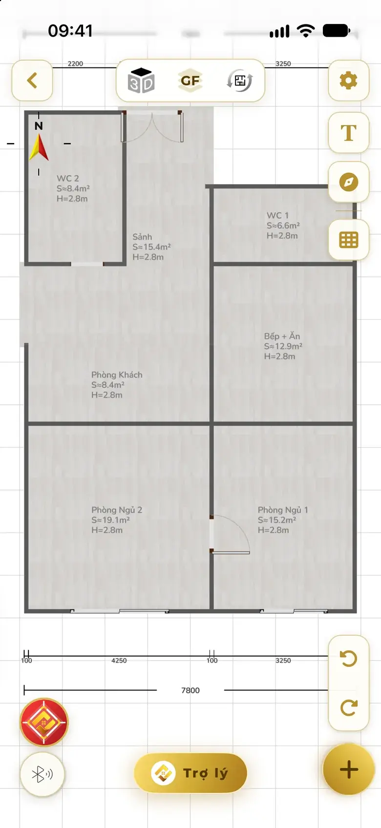 The editor opens the 2D plan rebuilt from the photo: two WCs, hall, kitchen + dining, living room, two bedrooms, each room's area and the overall dimensions