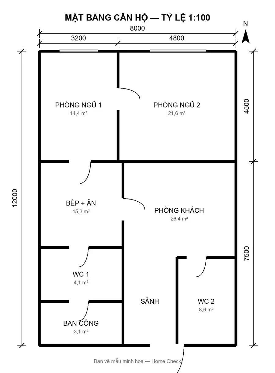 Photo of an 8 × 12 m apartment floor plan drawn on paper with dimensions: two bedrooms, living room, kitchen + dining, two WCs, hall, balcony