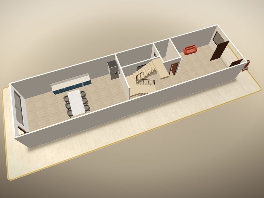 The sample house in the 3D viewer, roof hidden and ground floor cut open: kitchen and dining table, stairs in the middle, living room by the front door.