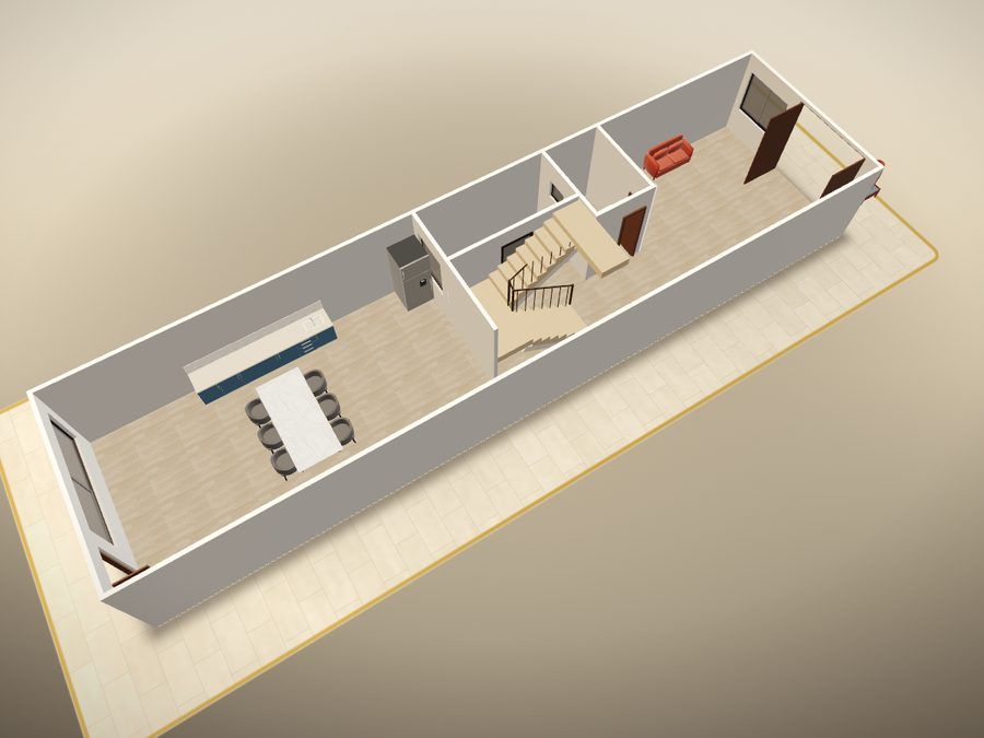 The same ground floor from another, closer angle: dining table, kitchen counter and stairs.