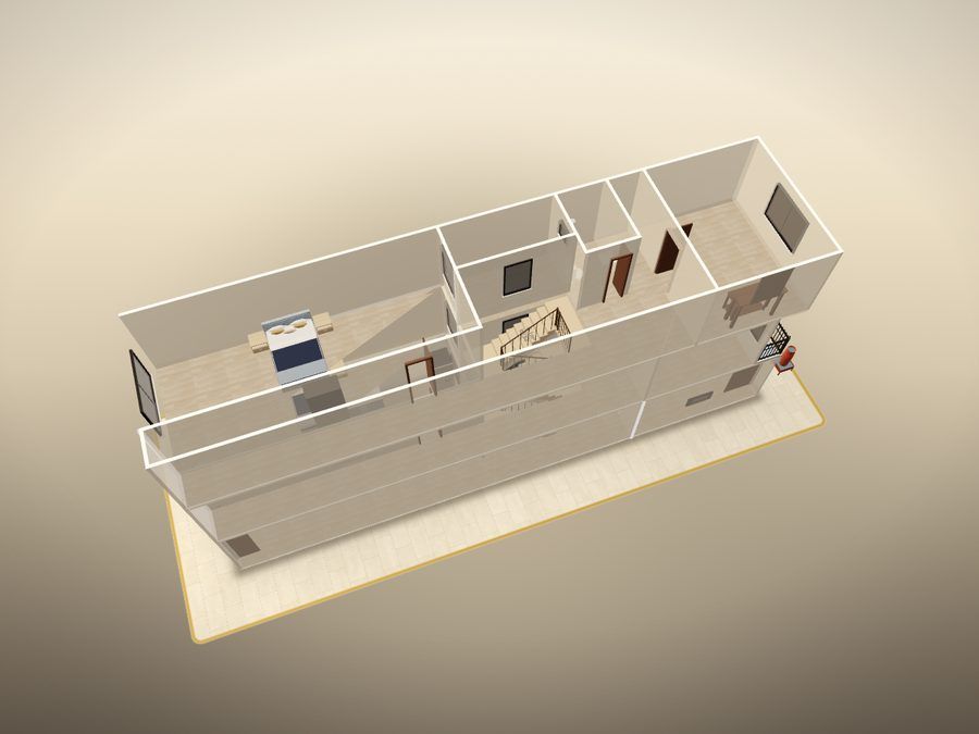 The house showing all floors; the upper floor is cut open to reveal a bedroom with a bed and the stairs.