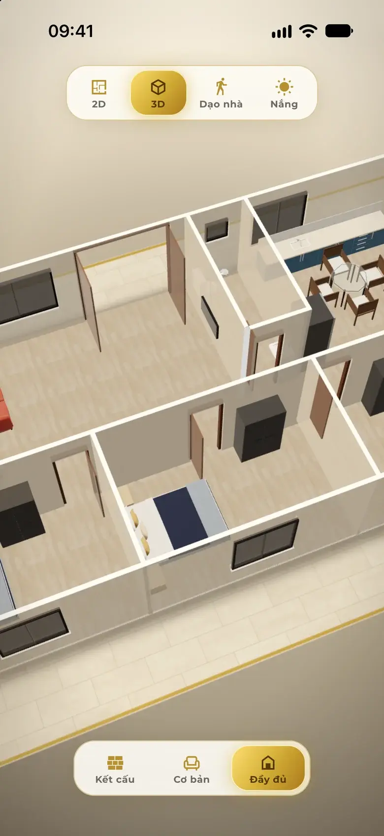 Zoomed and tilted 3D view showing the interior up close: bedroom bed, wardrobe, dining table and kitchen, doors and windows