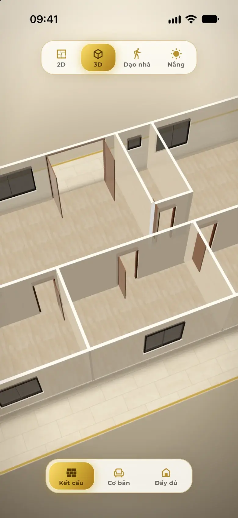 Structure mode in 3D: only walls, doors, windows and floors, furniture hidden