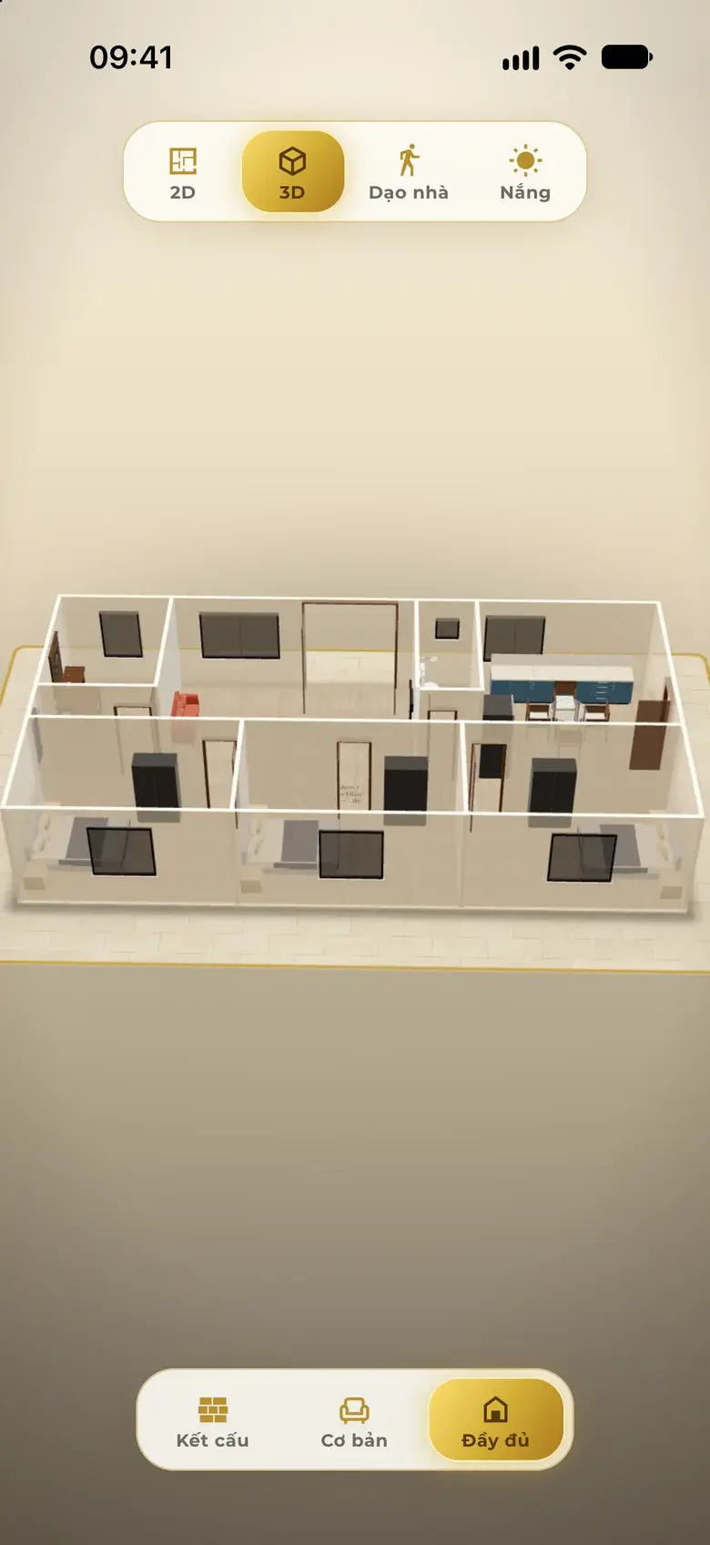 3D model of a one-floor plan: living room, kitchen-dining, WC, three bedrooms with beds, wardrobes and doors; top bar 2D, 3D, Walk, Sun