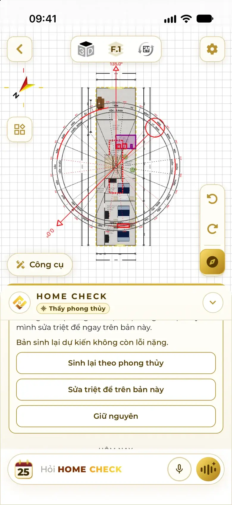 Three choices from the assistant: Regenerate to feng shui, Thorough fix on this plan, Keep as is