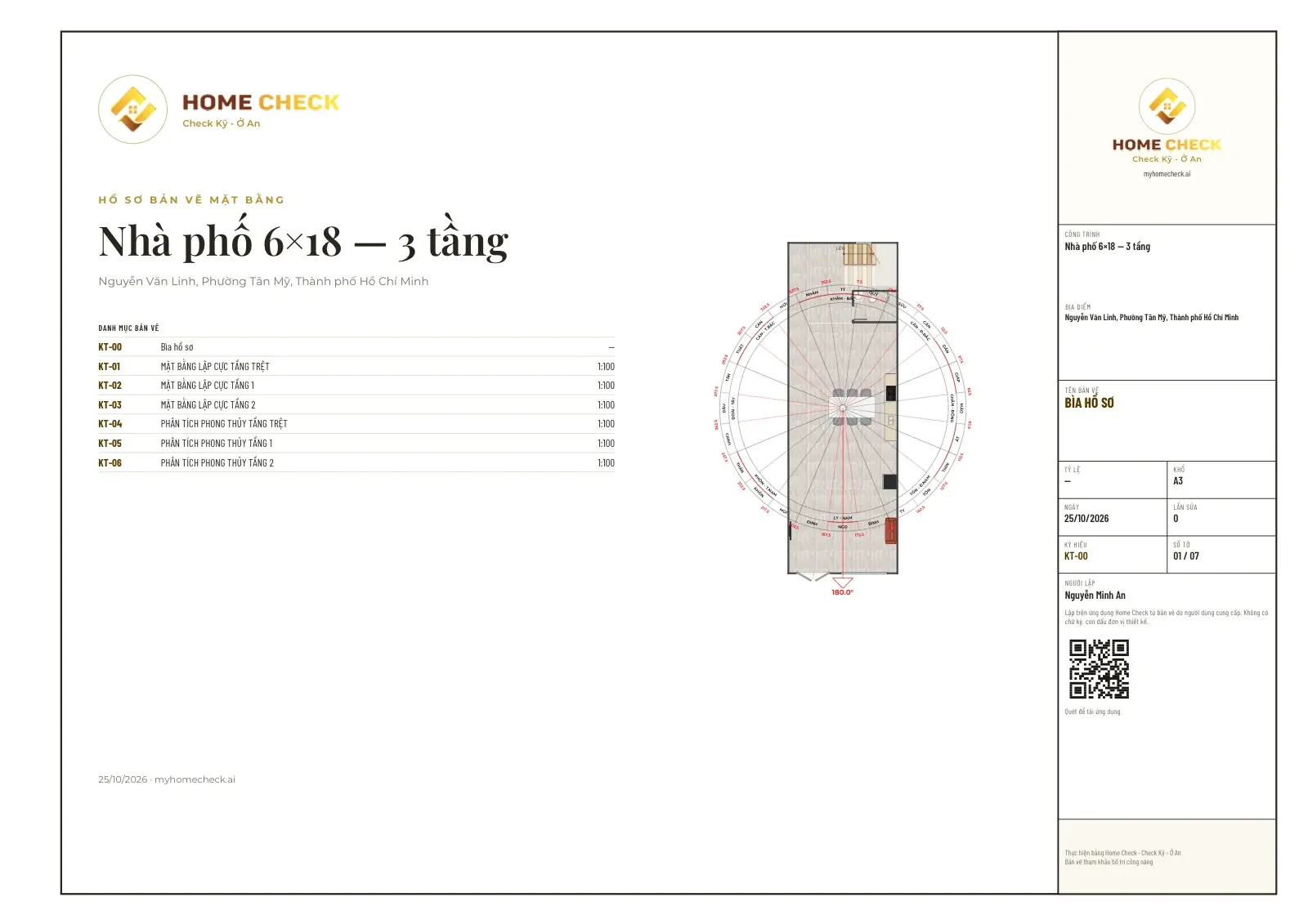 Cover of an A3 drawing set exported by the app: Townhouse 6×18 — 3 floors, a seven-sheet list from the cover to the floor-2 feng shui analysis, a compass-set plan facing 180° and a title block
