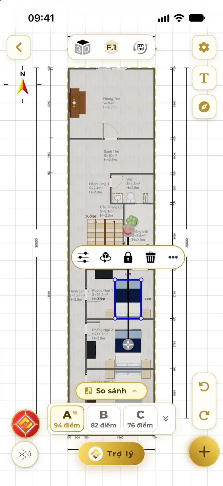 A bed selected on the floor-2 plan, with drag handles to resize and a toolbar for properties, rotate, lock and delete
