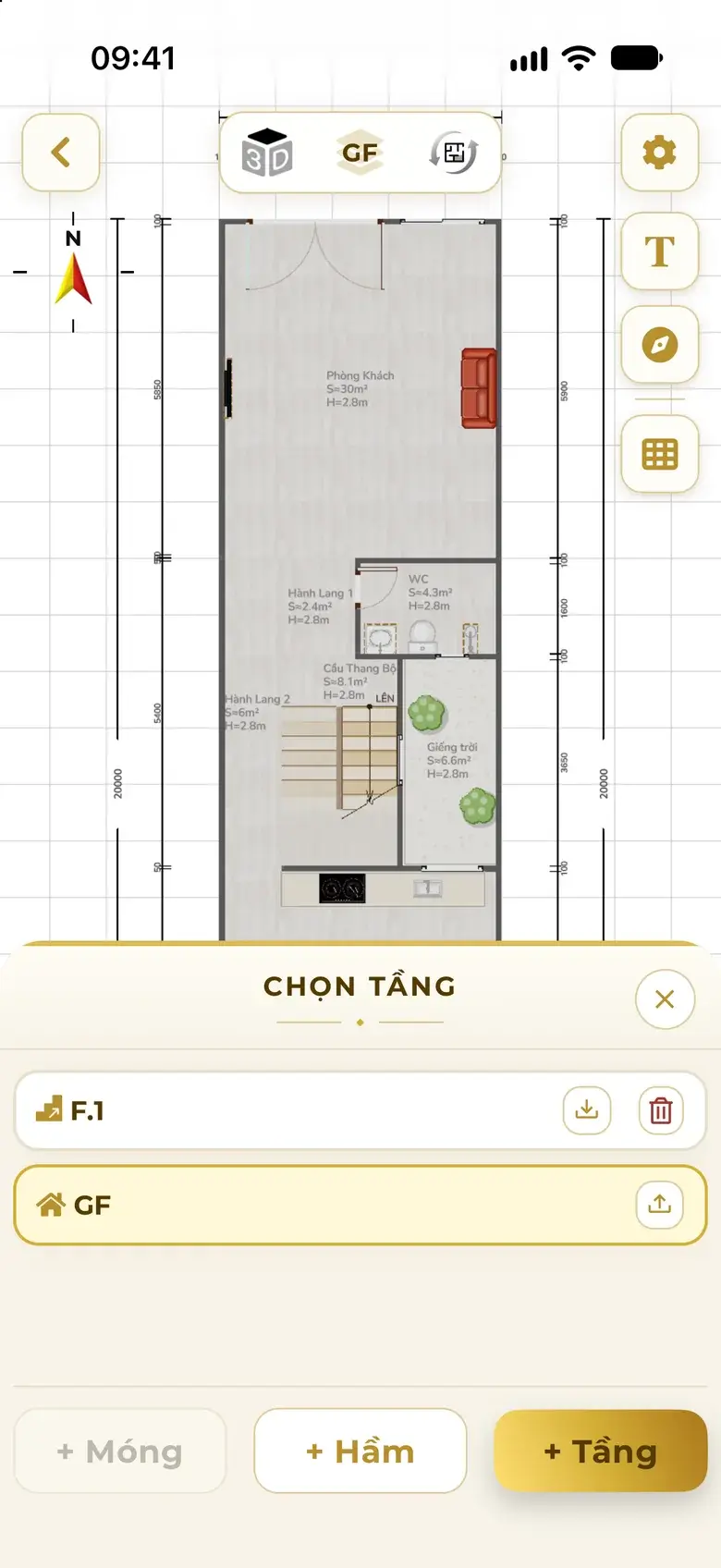 The Choose floor panel in the editor: floors GF and F.1, buttons to add Foundation, Basement and Floor