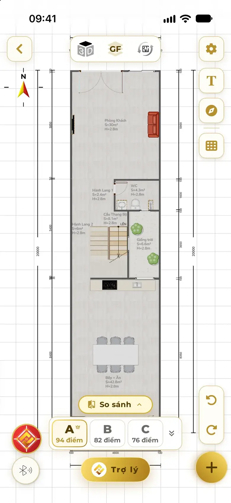 The 2D editor with the strip A 94, B 82, C 76 points at the bottom and a Compare button; tap a letter to switch options