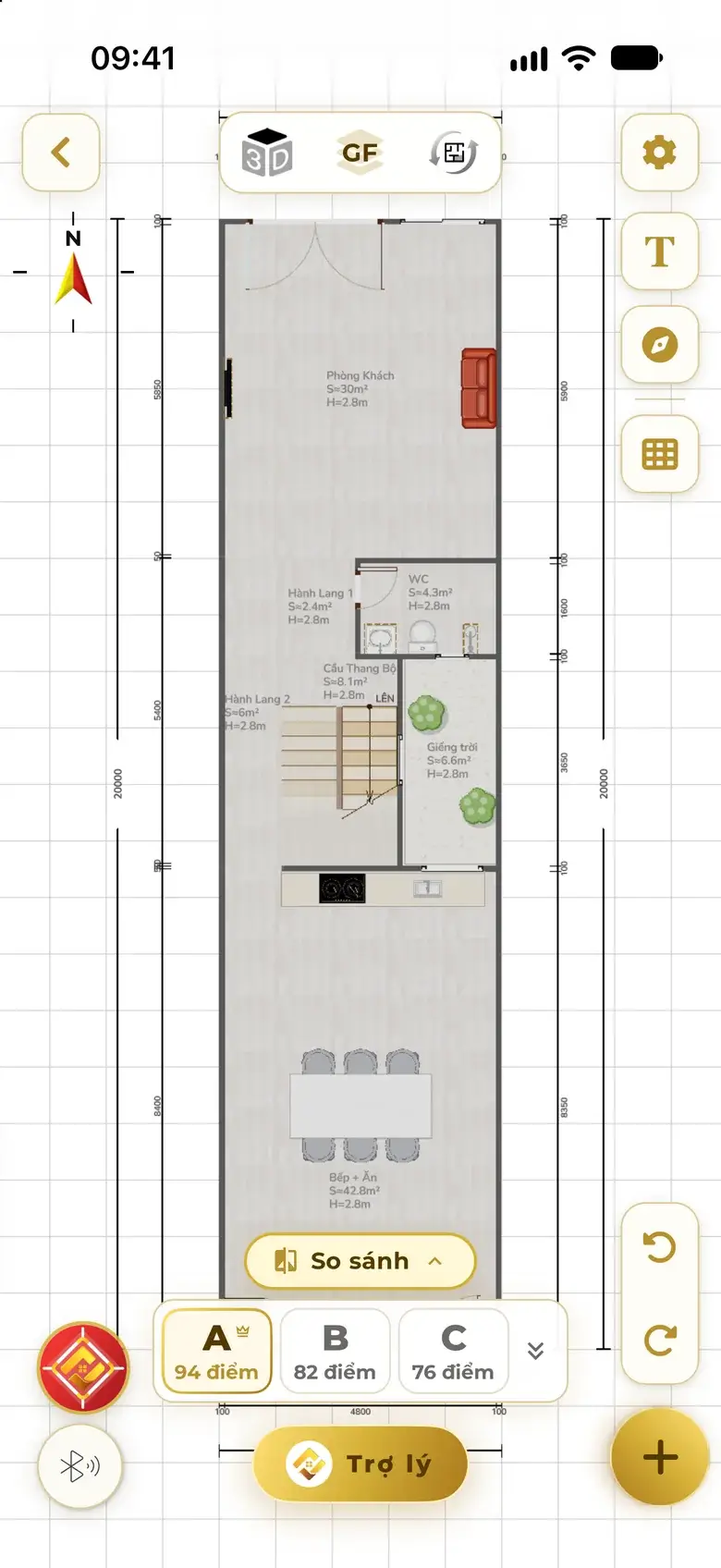 The plan just built in the editor, with scored options A, B and C along the bottom of the screen.